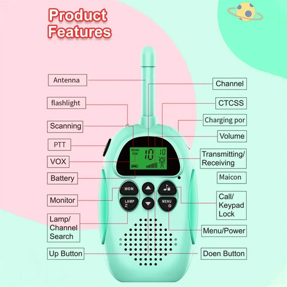 

2PCS Walkie Talkie Kids Mini Portable 3-5km Long Range 1000mAh Battery Radio Interphone Toys with Flashlight for Boys Girls Gift