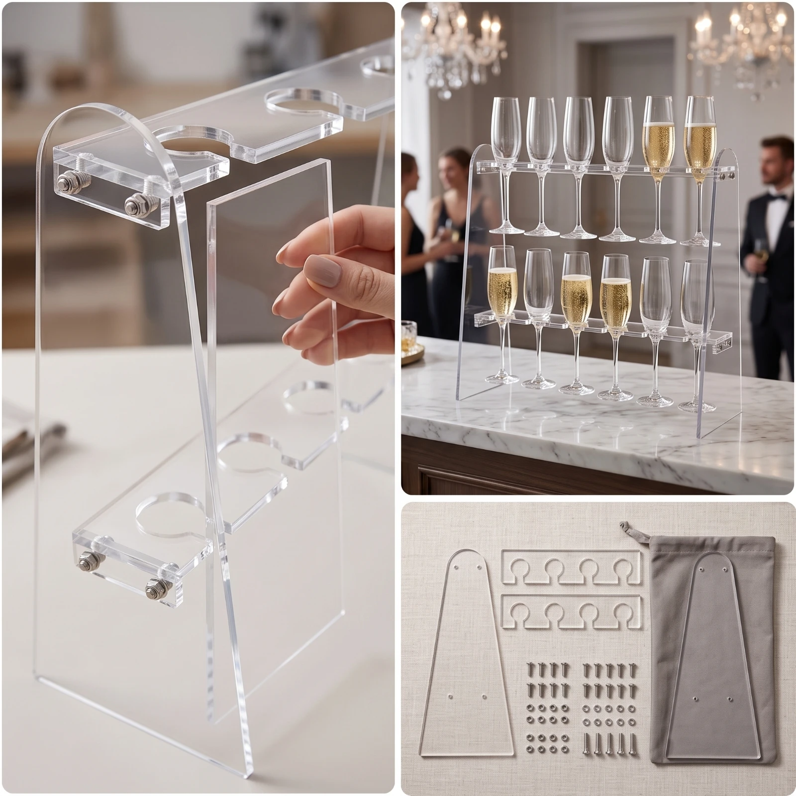 Champagne Flute Stand Tabletop Champagne Flute Holder Acrylic Stand with Two Tiers Easy Assembly Glassware Elegant
