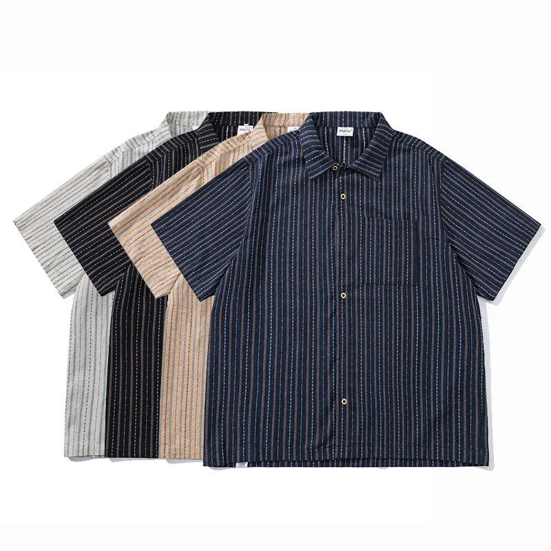 

Men Japanese Korean Streetwear Cityboy Summer Vintage Loose Casual Short Sleeve Cuban Collar Knitted Shirts Blouse Man