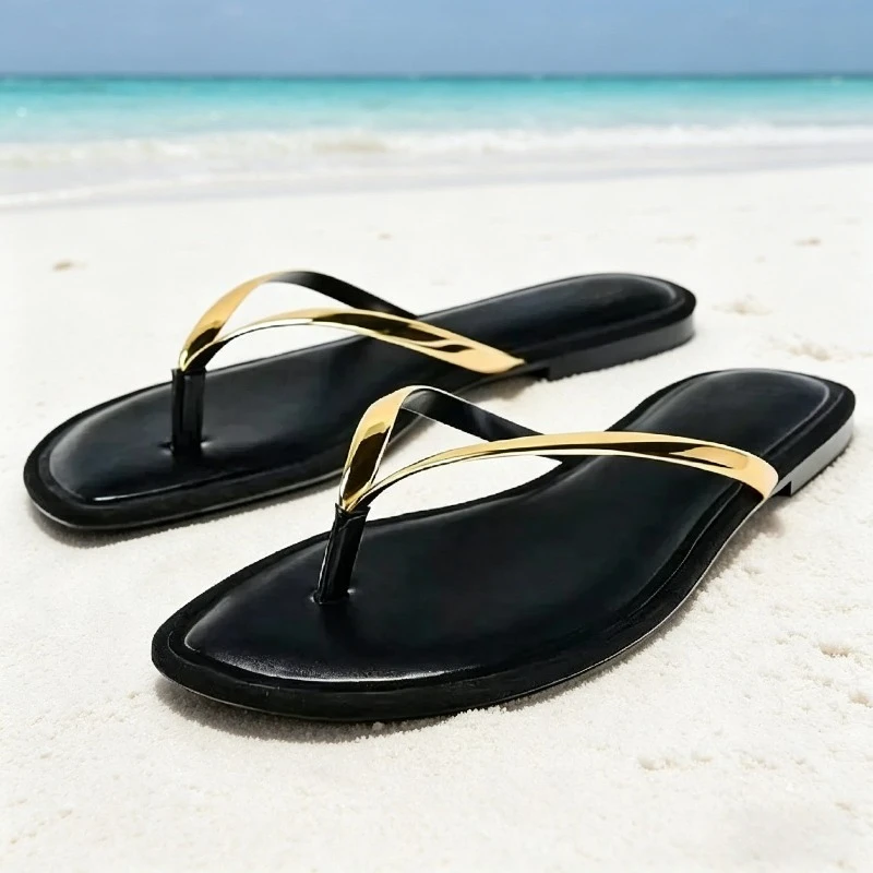 

Fashion Gold Narrow Band Design Flat Sandals Women Summer Sexy Clip Toe Flip-flops Comfortable Non-slip Soft Sole Beach Sandals