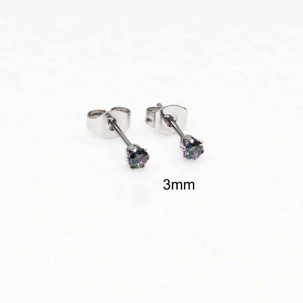 Stainless Steel AAA Colorful Zircons Brief Stud Earrings Mini Push Back For Men Women 3 4 5mm No Fade Allergy Free