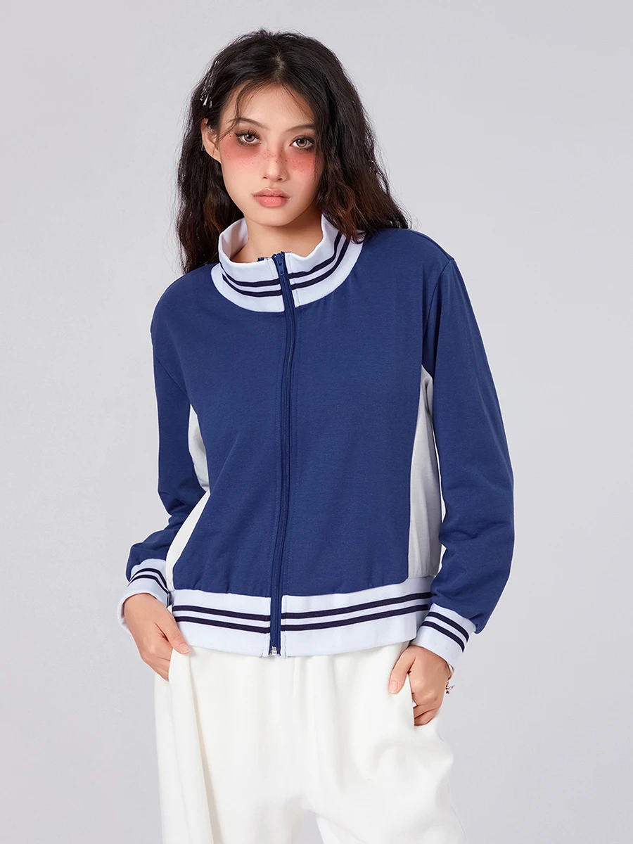 

Women Autumn Winter Loose Tops Long Sleeve Stand Collar Patch Color Party Casual Jacket Outwear 2023 Streetwear