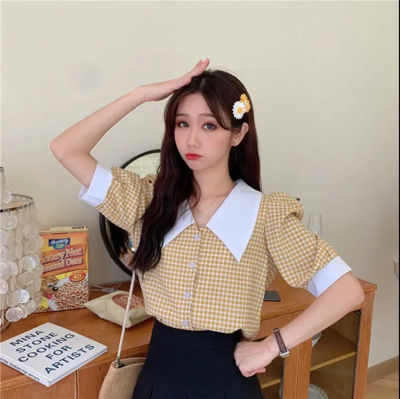 Cottagecore Crop Top Yellow Blouses Summer Kawaii Puff Sleeve Plaid Shirt Women Checkered French Retro Style 2023 Vintage
