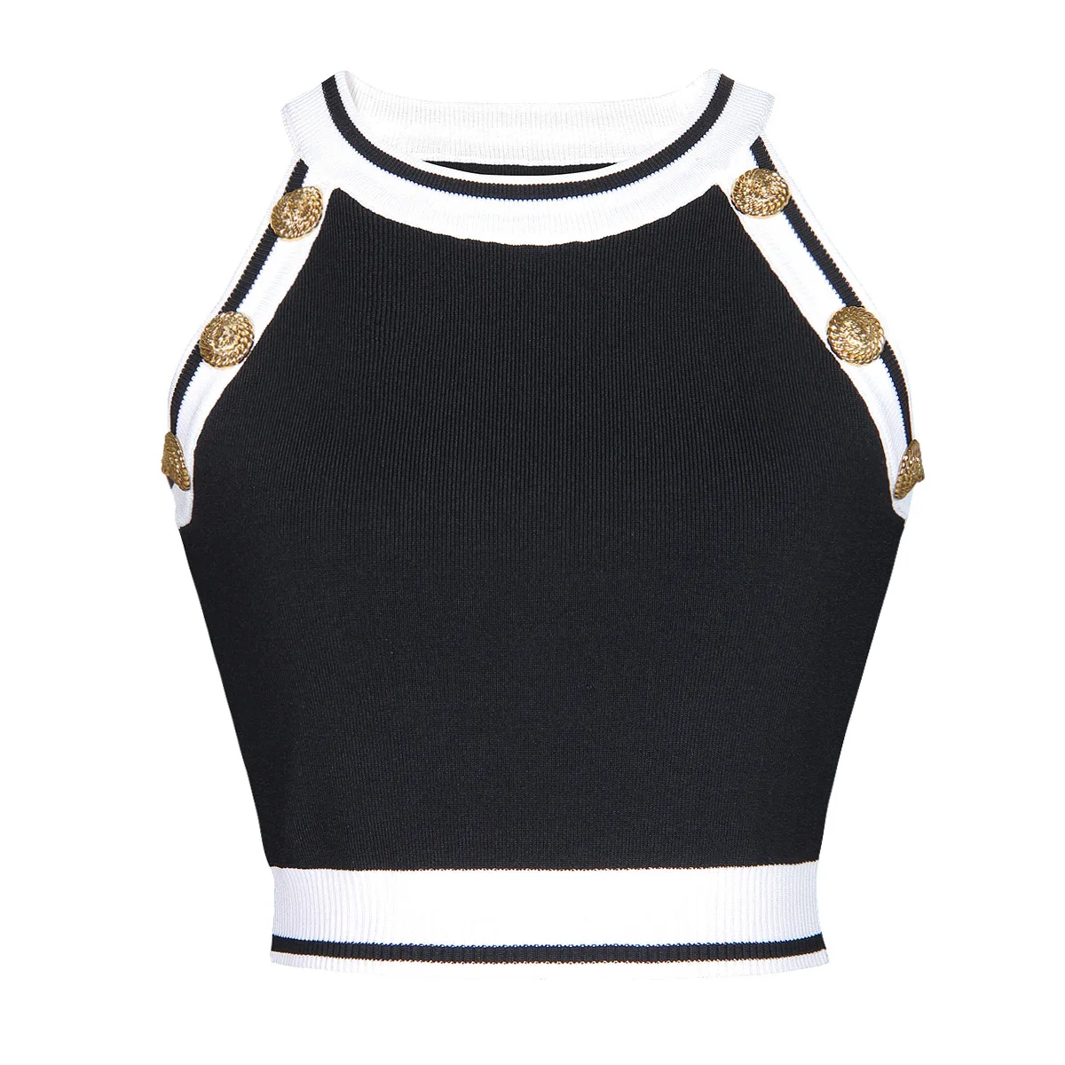 ZJYT Fashion Summer Women\'s Sleeveless Knitting Crop Tops Color Block Halter Buttons Sweaters Skirt Knitwears Female 2024