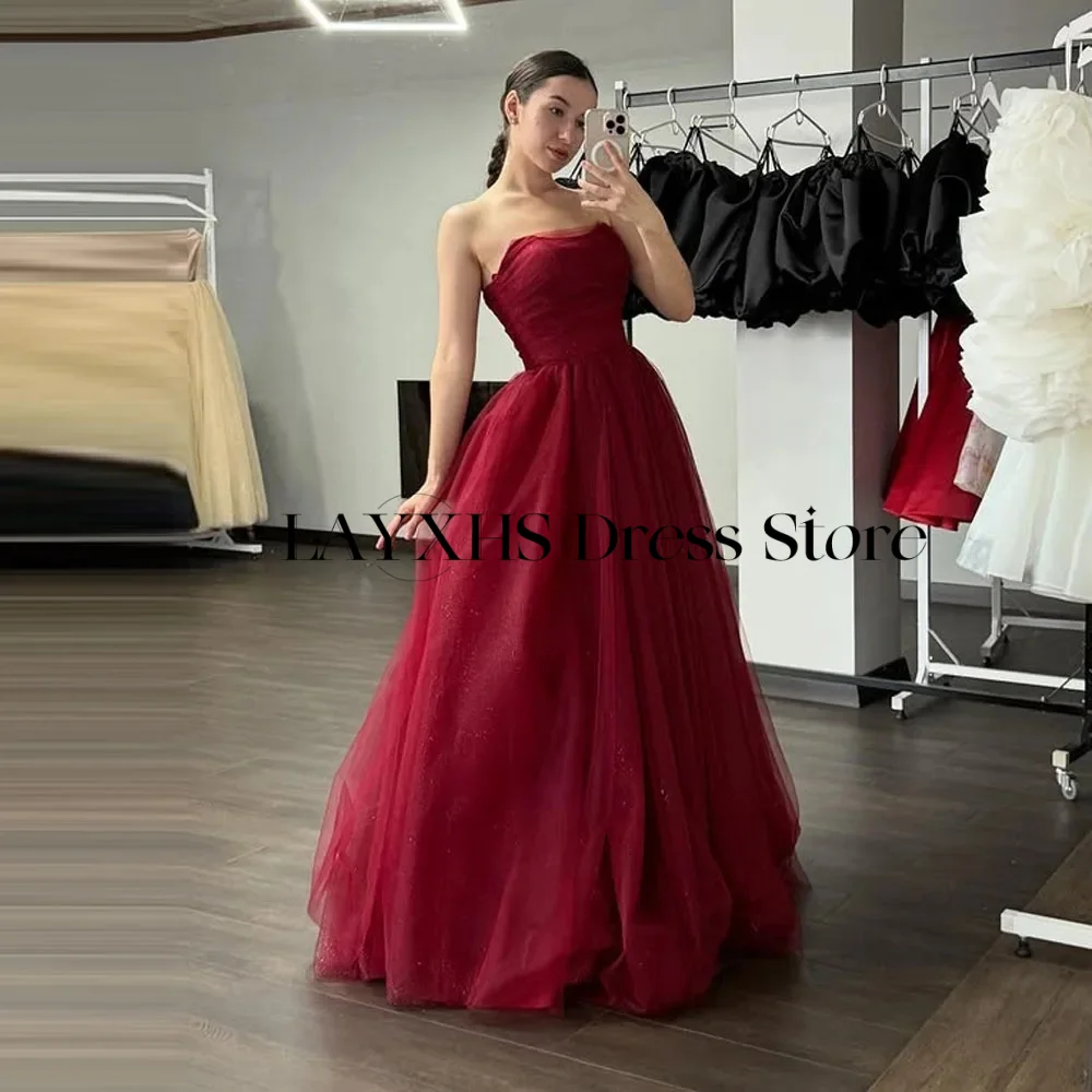 فساتين سهرة كورية من التل اللامع باللون الأحمر للنساء بدون حمالات لحفلات الزفاف وحفلات التقاط الصور فستان حفلات الزفاف فستان حفلات الزفاف 2026 #1