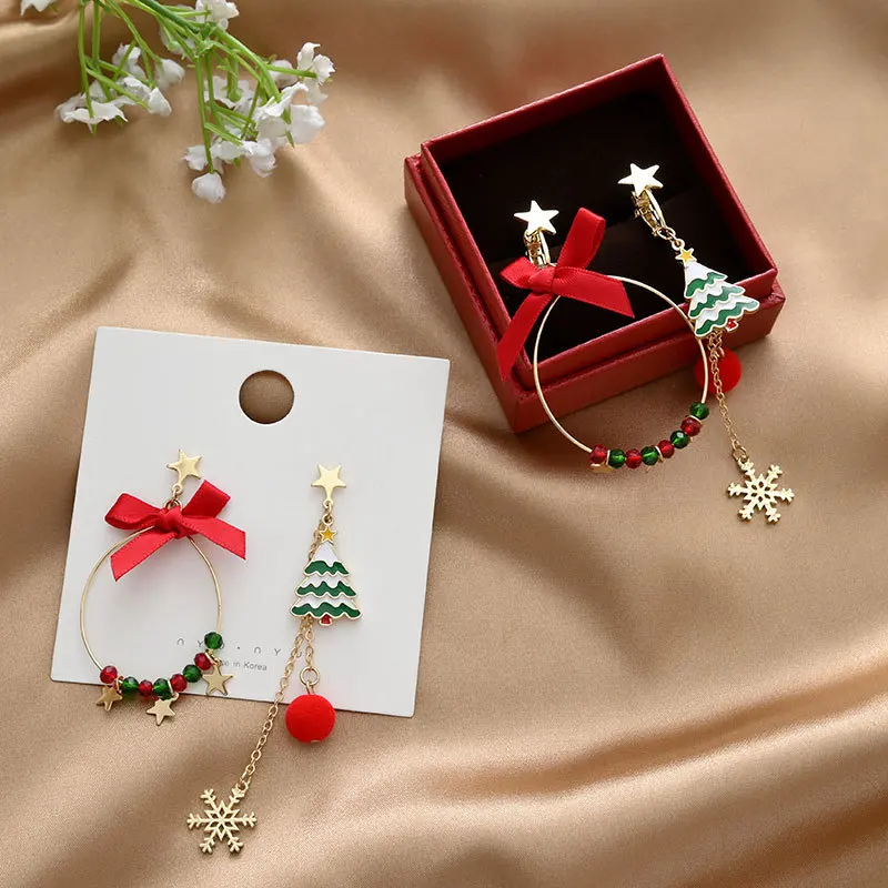 New Asymmetric Christmas Earring for Women Delicate Crystal Bowknot Christmas Tree Snowflake Tassel Earrings Girls Party Jewelry