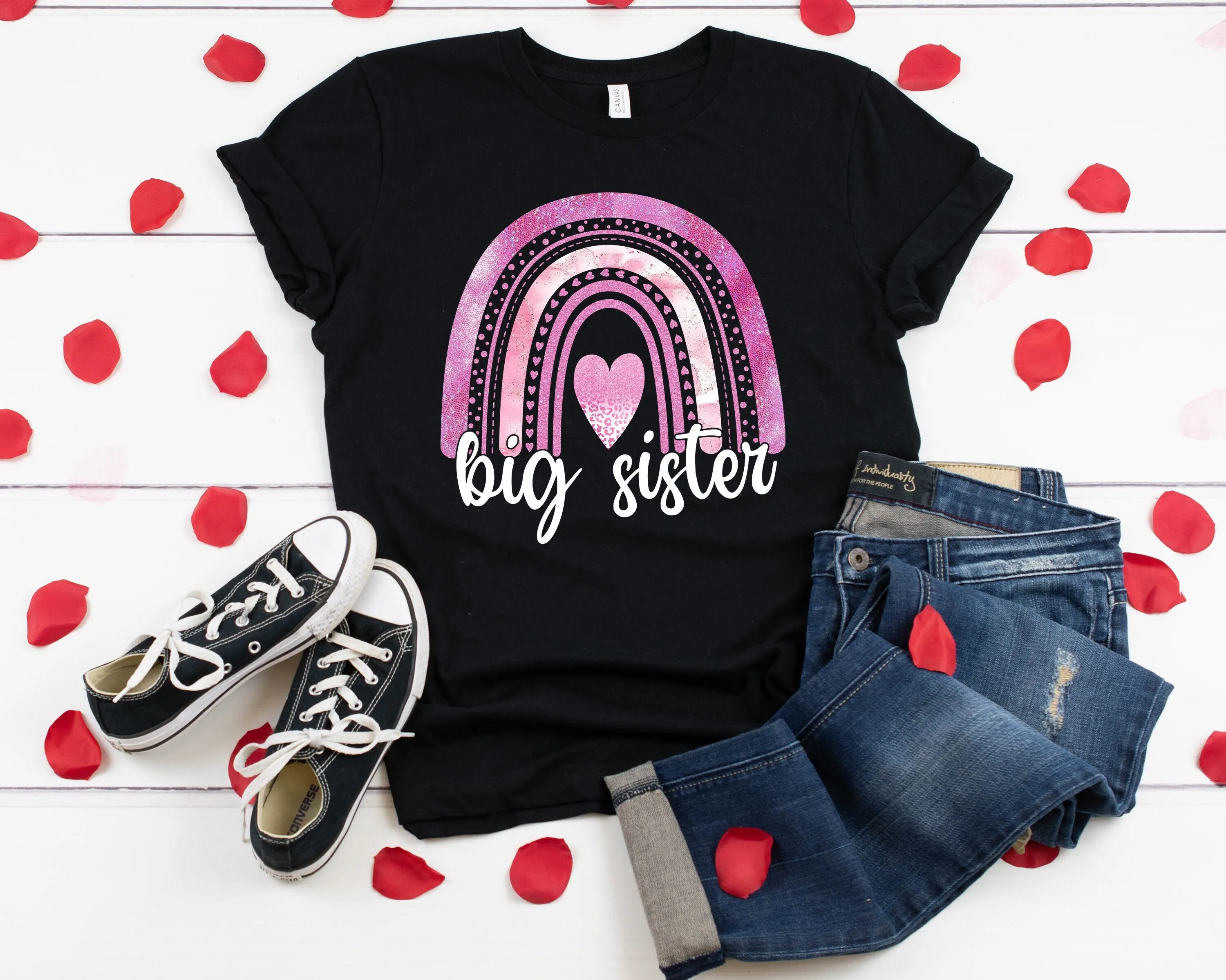 Big Sister Little T Shirt Mother's Day Rainbow Valentines Family NO GLITTER