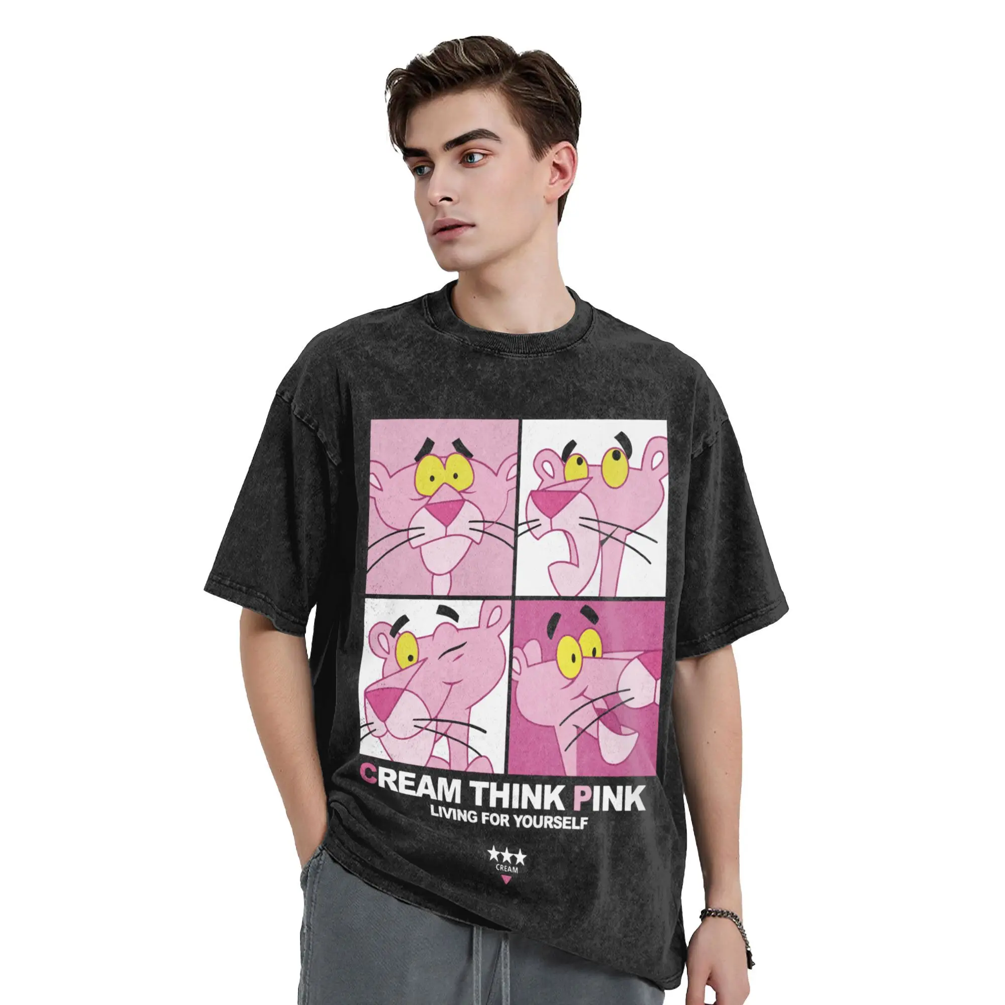 

Розовая футболка с рисунком P-Panther в стиле хип-хоп, потертая футболка большого размера с короткими рукавами, винтажные мужские и женские топы, уличная одежда, летние футболки