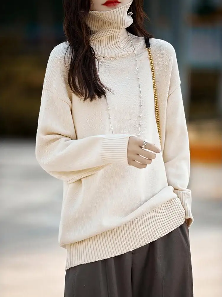 Thiened pesado 00 algodão puro longo sve gola alta casual solto camisola de malha feminina quente confortável lazer