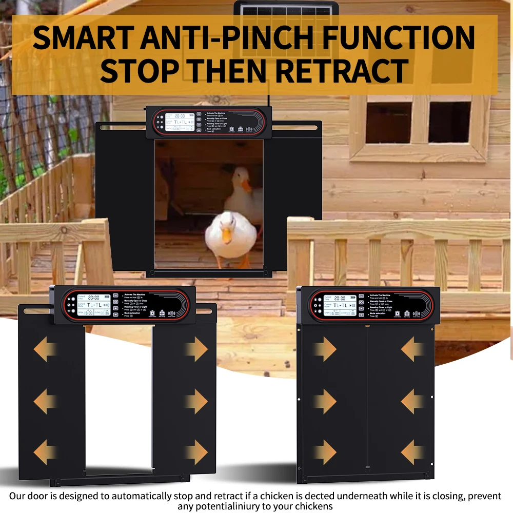 Automatic chicken coop door, anti pinch protection, large LCD display screen, timer and light sensor mode, solar powered automat