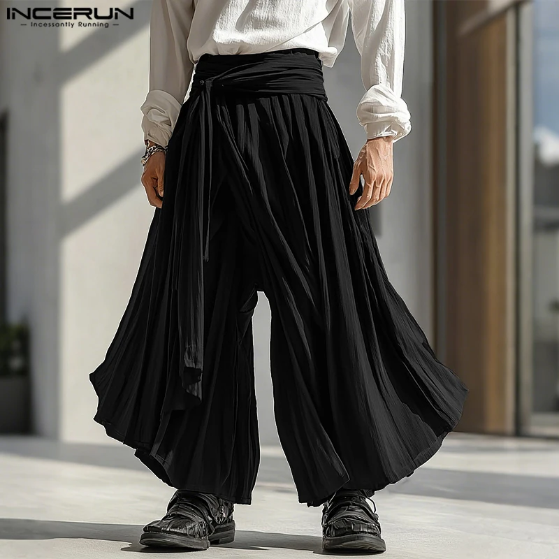 

INCERUN 2025 Men Wide Leg Pants Pleated Solid Joggers Oversize Casual Trousers Men Lace Up Elastic Waist Long Pants Streetwear