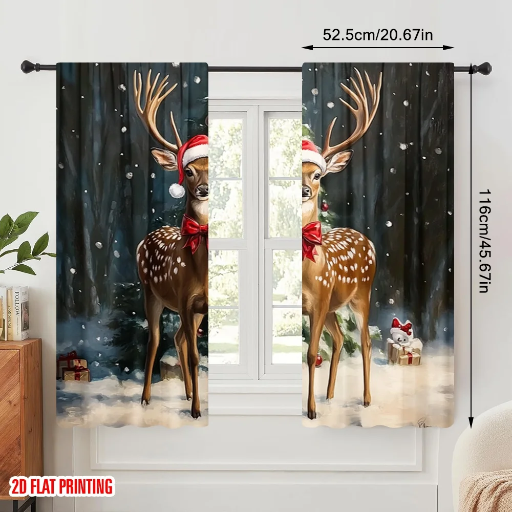 2pcs,2D plane printing Light Filtering Curtains Cute Deer Christmas Festive Scene Polyester Easy Install (without rod) Home