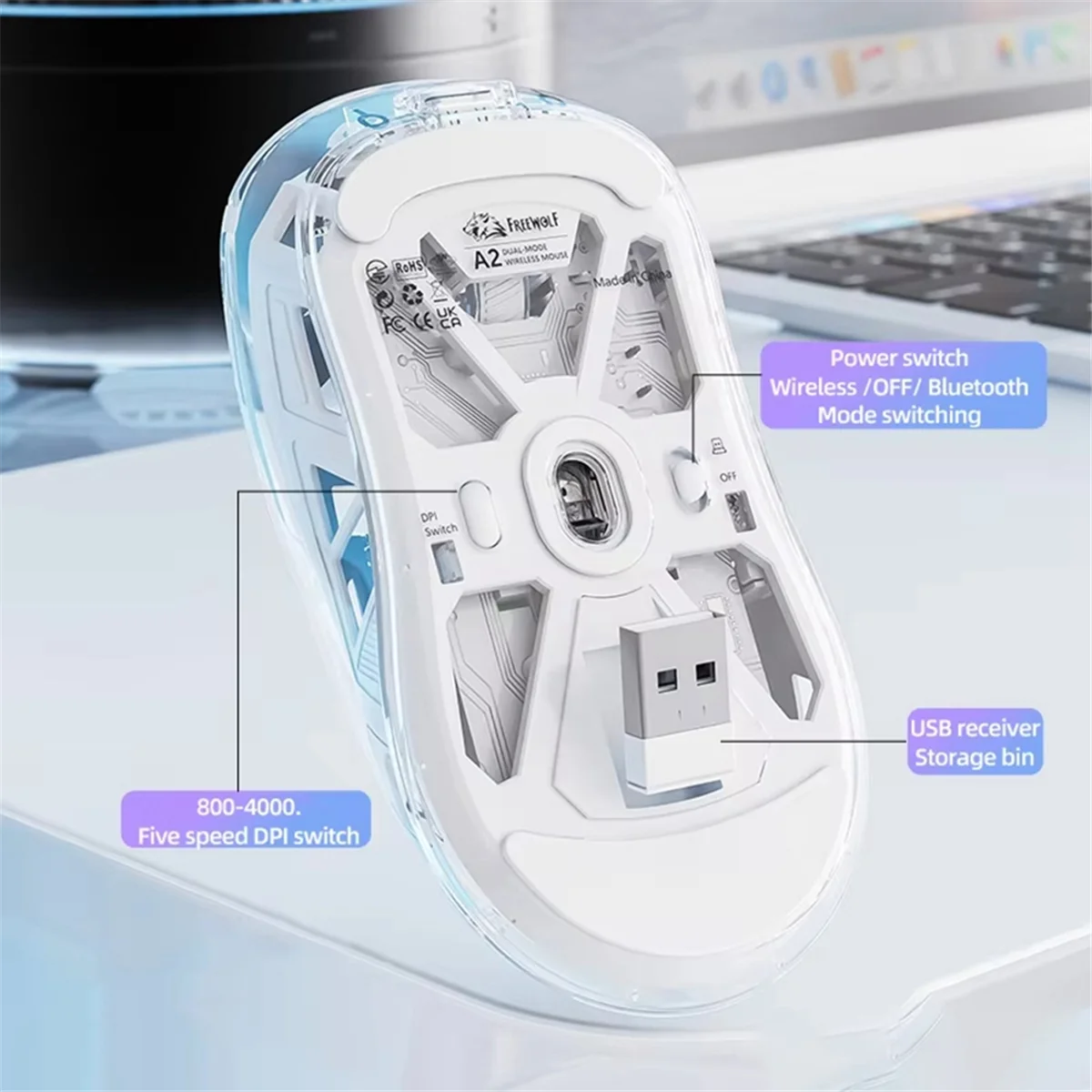 ABXHA Mouse Nirkabel Transparan dengan Layar Digital, 2.4G RGB 4000DPI Penyesuaian 5 Langkah, Tombol Bass, Mouse Gamer Bluetooth, A