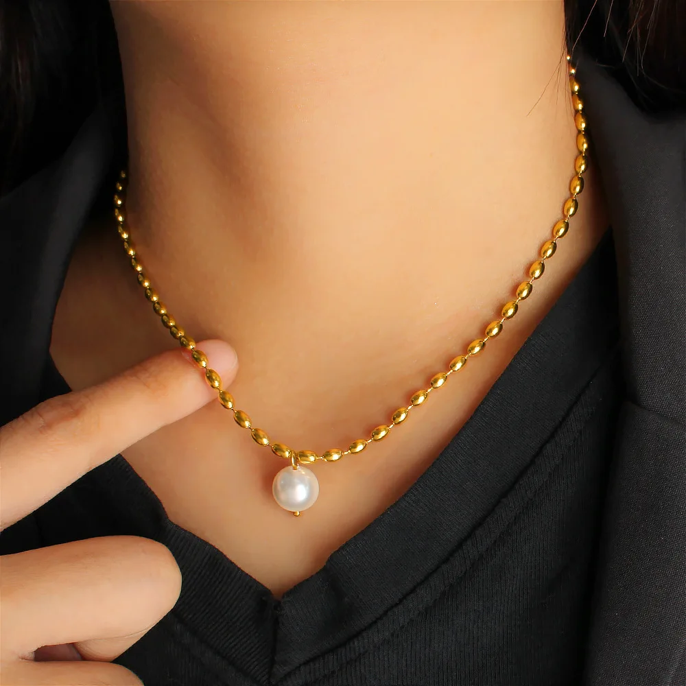 

DIY accessories Elegant medieval style non-fading rice bead chain necklace stainless steel pearl pendant collarbone chain Europe