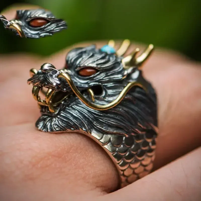 Vintage Ethnic Evil Dragon Head Ring Men\\\'s Gothic Open Ring Male Cool Trend Jewelry