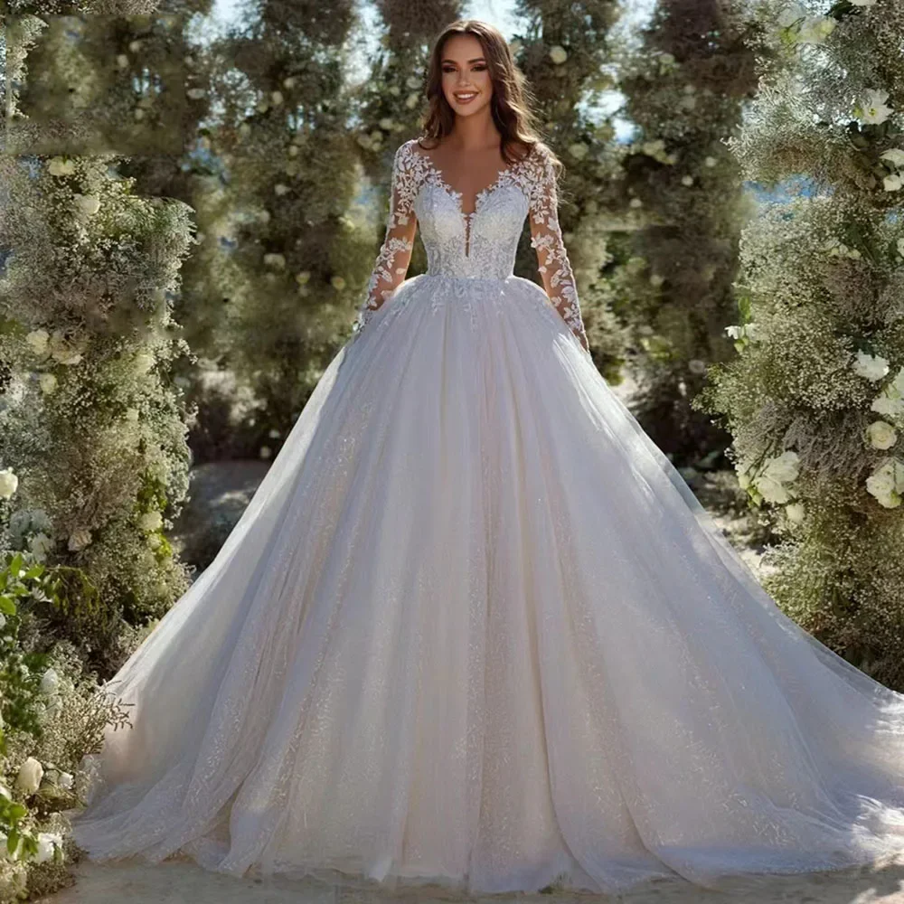 Moderno glitter tule vestidos de casamento mangas compridas com decote em v vestidos de noiva para noiva robe de mariée vestido de casamento para mulher