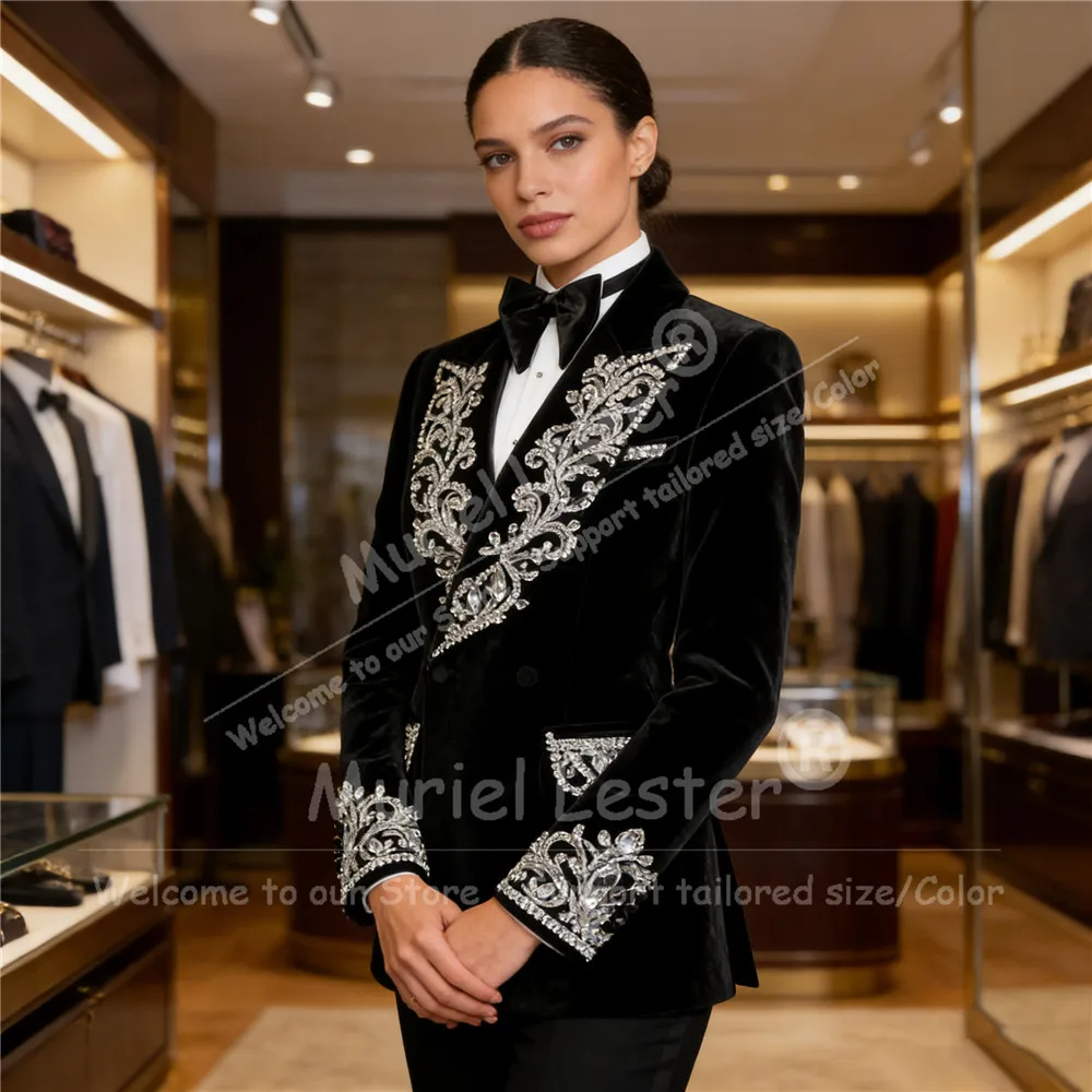 

Luxury Rhinestones Beaded Women Suit Attire Customized пиджак женски Female Catwalk Jacket Pant 2 Pieces Sets Tuxedo