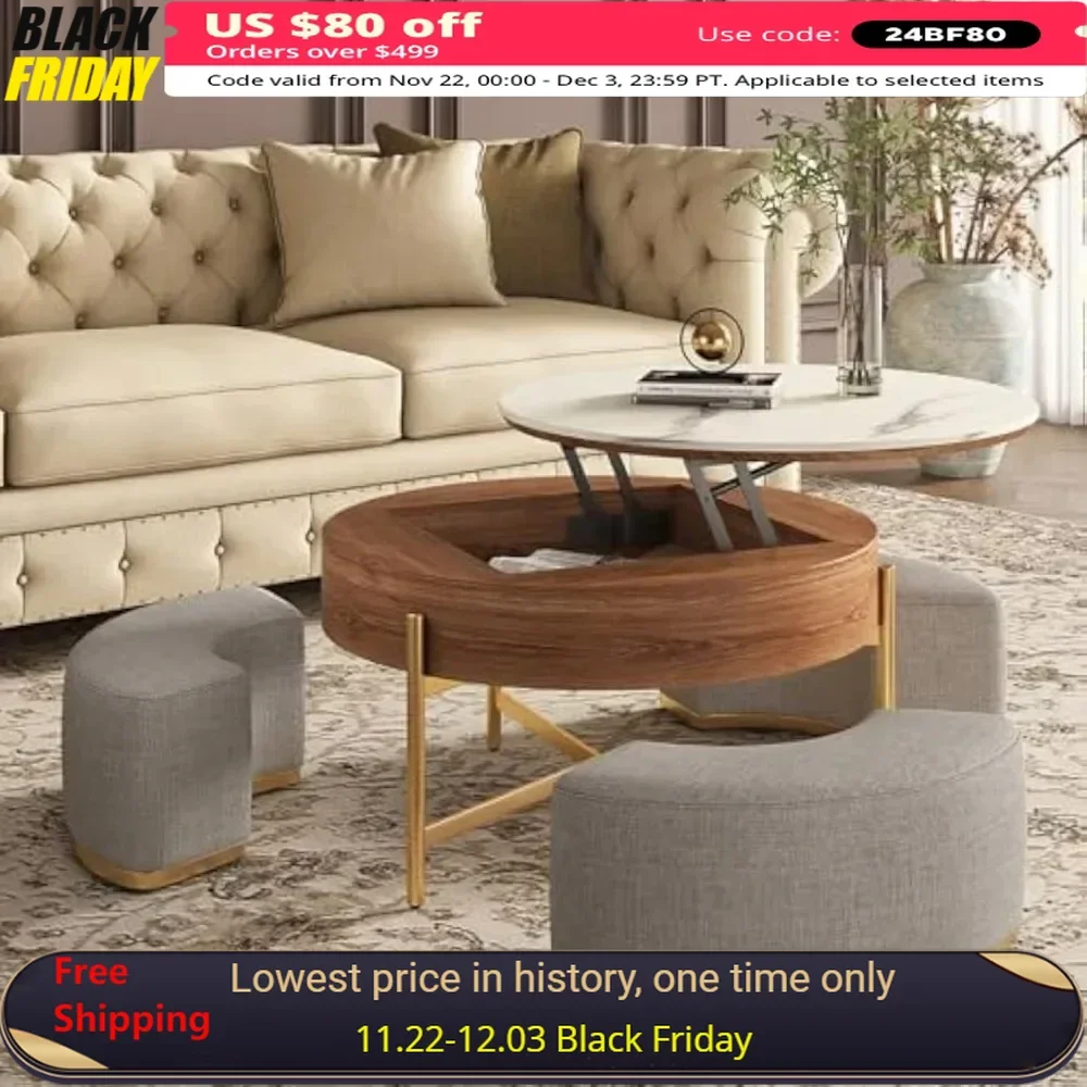 Coffee Table Set, Round Marble Tables with Storage and Nesting Ottomans, Lift Top Coffee Table Set