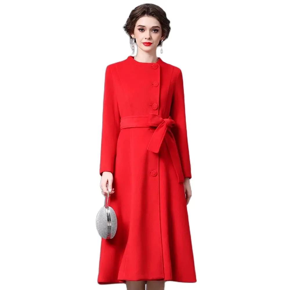 

Bright red waist show thin coat in the long section of the new 2024 umbrella worsted wool coat autumn and winter couture 24050