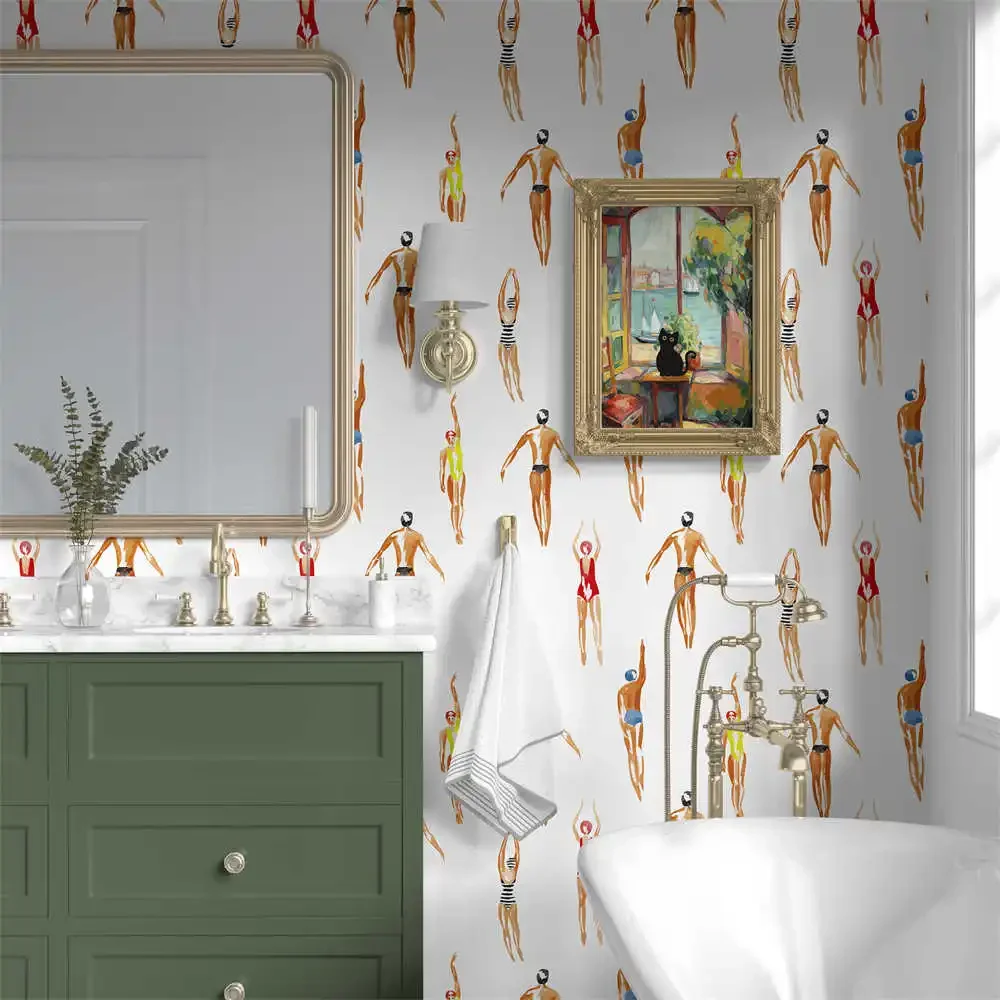 Watercolor Swimmer Wallpaper Vintage Swimwear Diver Print Wall Mural Summer Pool Party Wall Covering Beach Figure Decor