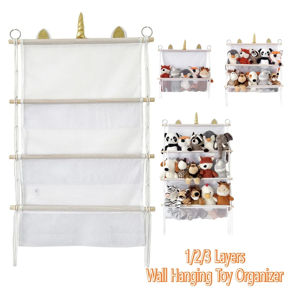 1/2/3 Layers Wall Shelves Home Decoration Children's Room Books Doll Storage Hanging Wooden Stick Plush Toy Storage Net Pocket