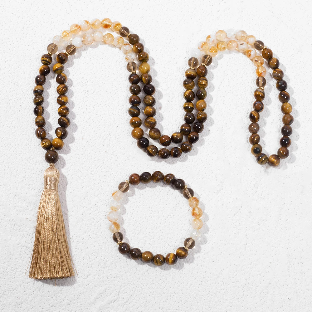 8mm Citrine Yellow Tiger Eye Beads 108 Mala Necklace Meditation Prayer Jewelry Japamala Set Rosary view 2