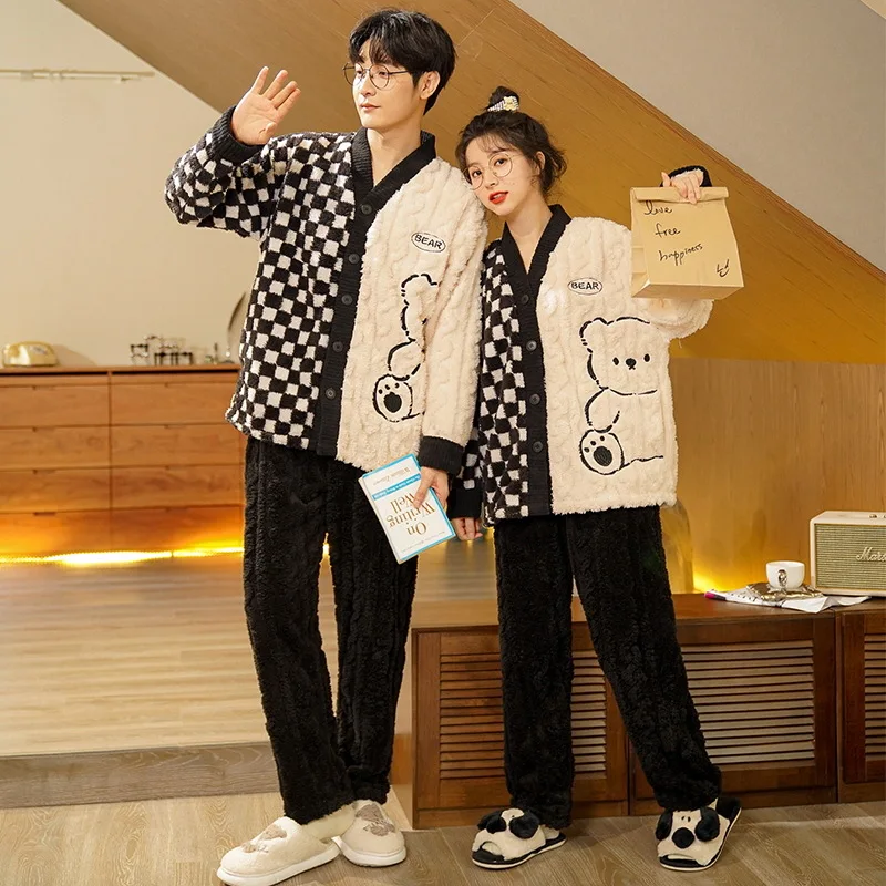 Koreaanse Mode Flanellen Nachtkleding Voor Koppels Winter Warme Nachtkleding Dames En Heren Kimono Pyjama 'S Set Koraal Fleece Homewear