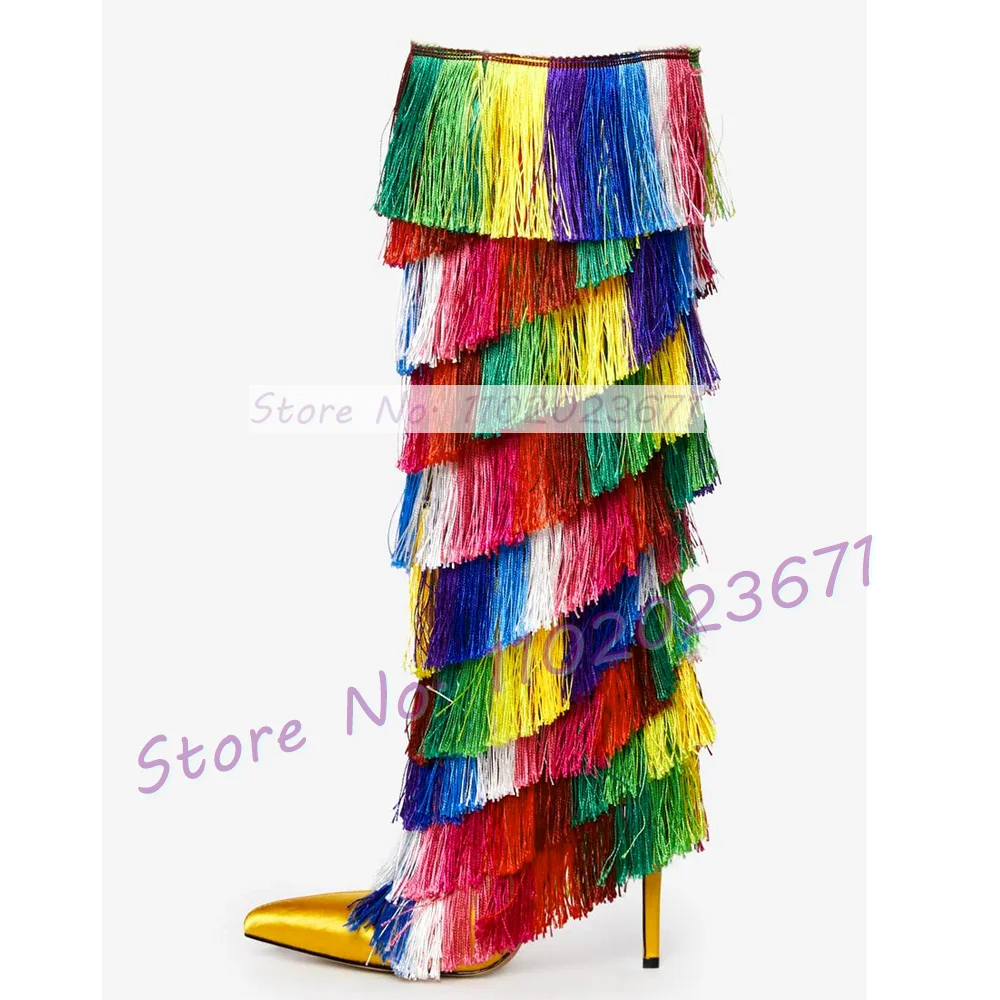 Colorful Fringes Satin Knee High Boots Women Sexy Pointed Toe Thin High Heels Shoes Ladies Stylish Slip On Rainbow Stage Boots