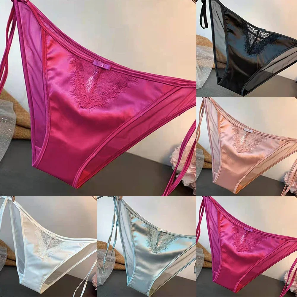 Fashion Women Satin Silk Lace Panties Briefs Lingerie For Ladies Adjustable Waist Soft Female Underwear Briefs Seamless Briefs