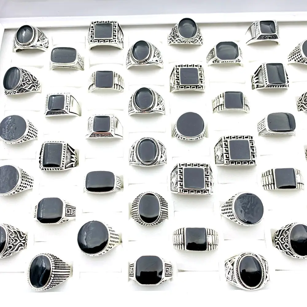 20pcs Mens Rings Black Enamel Silver Plated Retro Jewelry Mix Styles Carved Pattern Wholesale Lot