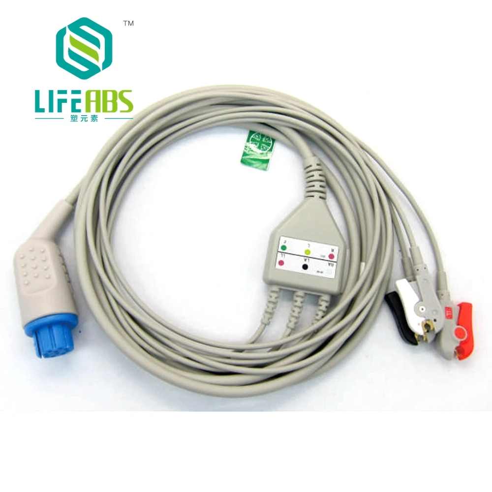 Цельный кабель ЭКГ (ECG/EKG) IEC на 3 и 5 отведений с защелкивающимися клипсами для мониторов S*pacelab