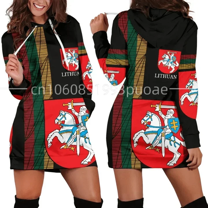 2023 Love Lithuania Country Flag New Harajuku Novelty 3D Print Autumn Hoodies Dress Women Casual Wear Long Sleeve Hooded Dress