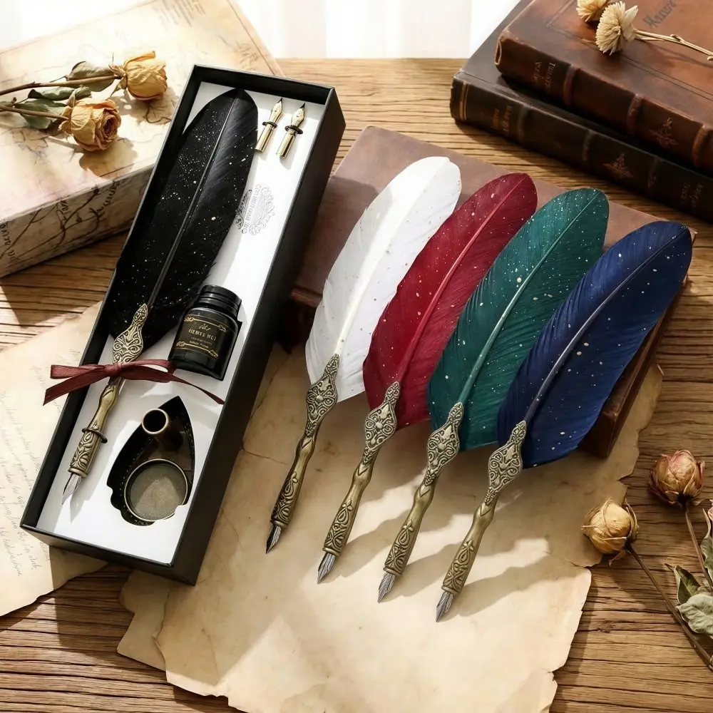 

Vintage Pen and Ink Set Gift Box Lightweight Feather Calligraphy Pen Exquisite Design 15 Ml Ink Fountain Pen Set Office Gifts