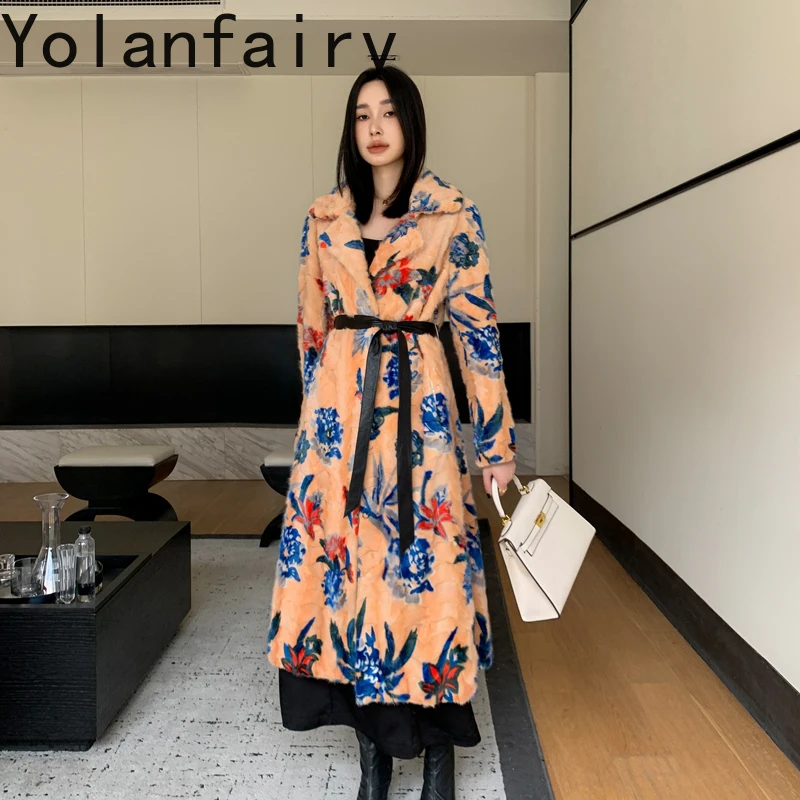 YOLANFAIRY abrigo de piel auténtica para mujer, abrigo largo holgado de invierno, chaqueta de piel de visón empalmado, traje de mujer con cuello, abrigos de piel florales, chaquetas