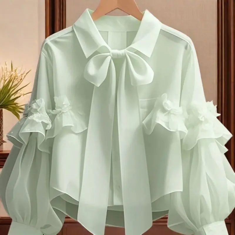 Sweet Bow-Tie Long-Sleeve Blouse Women's Shirts New Top Lace Trendy Versatile French-Style Unique Shirt Green Blue Tops