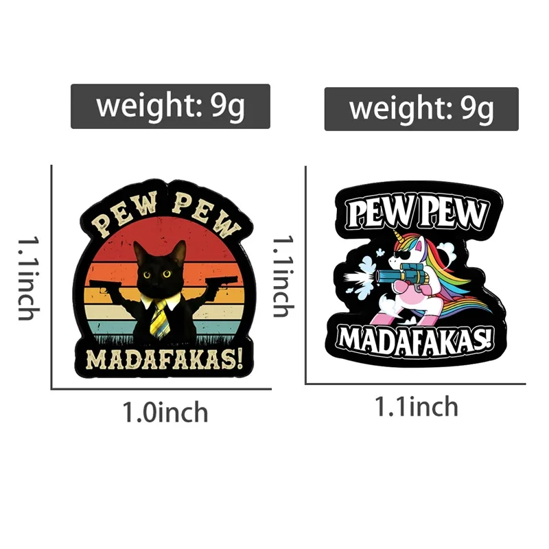 PEW PEW MADAFAKAS! Enamel Pins Custom Rainbow Horse Cat With Guns Brooches Lapel Hat Badges Funny Punk Jewelry Gift for Friends