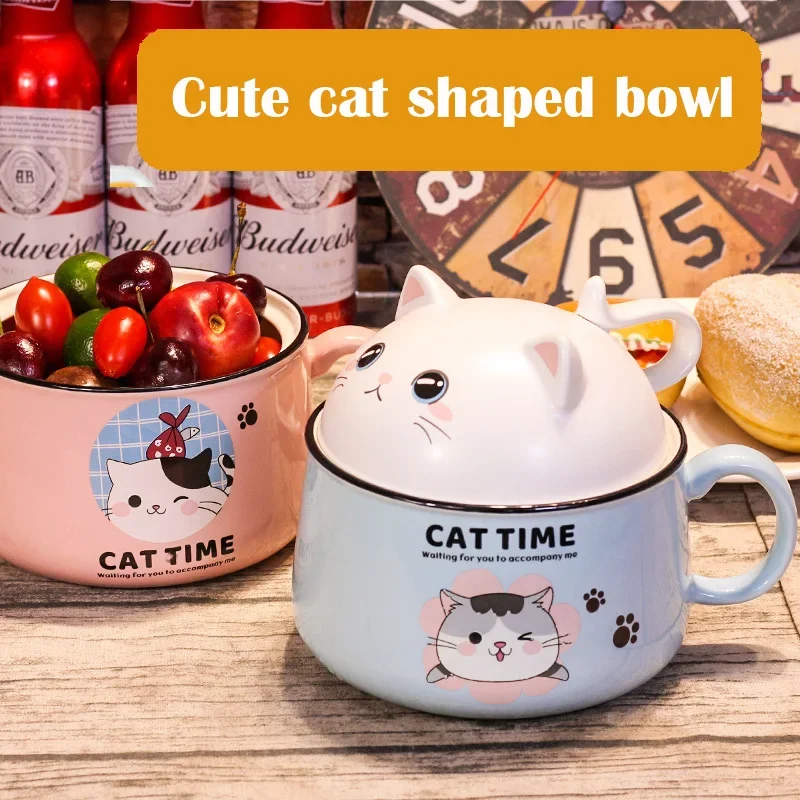 450/1020Ml Ceramic Mug with Spoon and Lid Cute Cat Tiger Pig Instant Noodle Ramen Bowl Large Capacity Kitchen Tableware Office