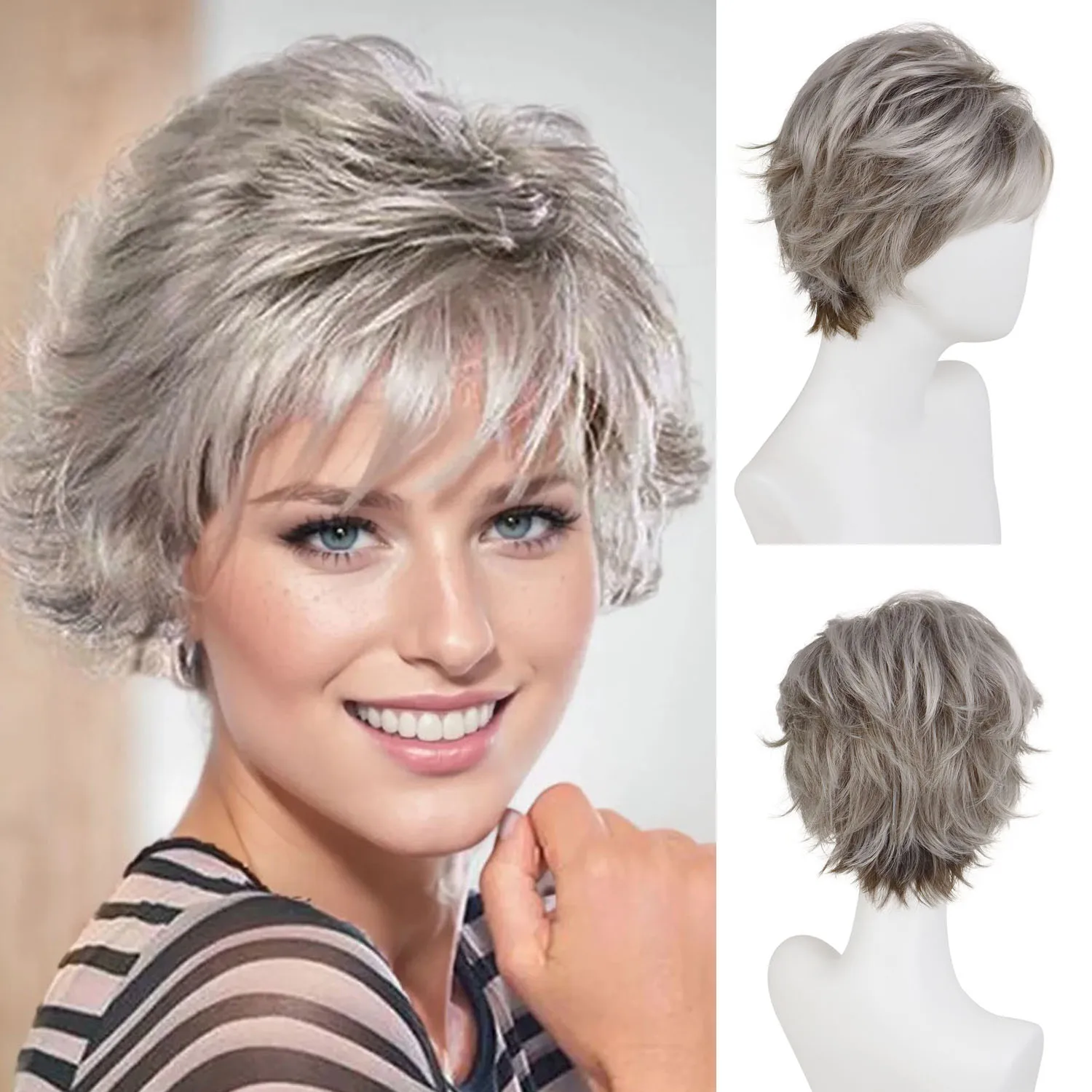 

Short Curly Wig for Women Synthetic Ash Blonde Pixie Cut Wig Older Grandma Hair Replacement Wigs with Bangs Daily Party Costume
