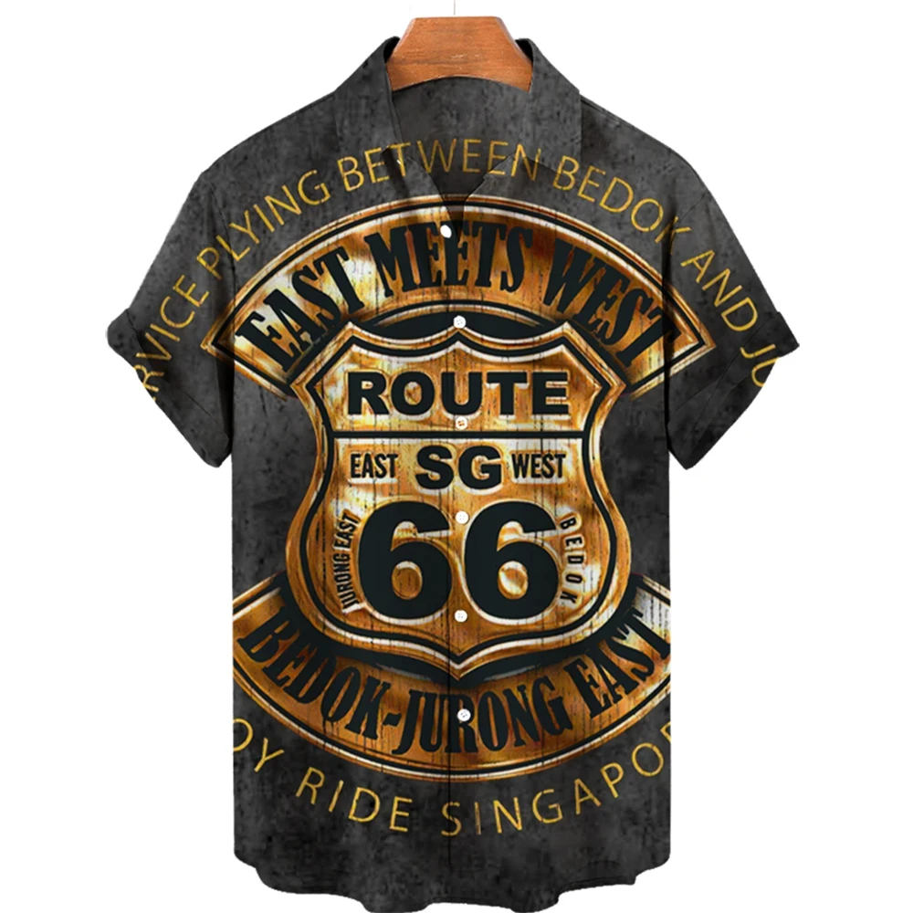 Hot Selling Fashion 2024 Summer men\'s Beach Shirt Men\'s Route 66 3D Printed Loose Breathable Shirt Men\'s Retro Street men\'s Tops