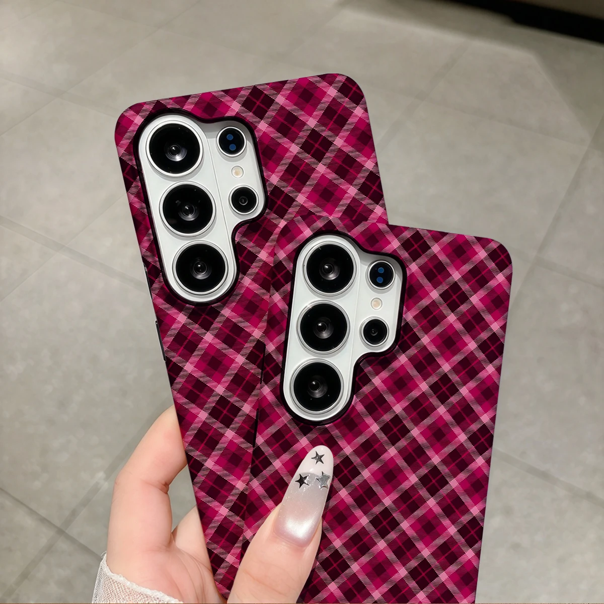 Pink Diamond Plaid Phone Case For Samsung Galaxy S26 S25 Ultra S24 S23 Plus Hard Shock‑Absorption 2-in-1Protective Cover