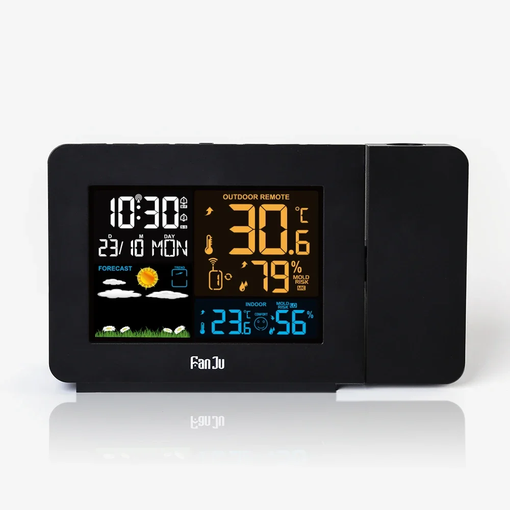 FanJu FJ3391 Weather Station with Projection Weather Monitor DCF Radio control Calendar 7 languages Backlight Alarm Clock