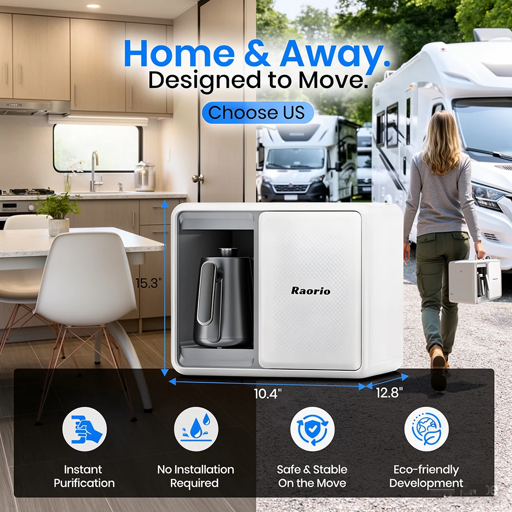 

Raorio RV Water Drinking Portable RO 5 Stage Water Purifier&Heat Kettle for Family Camping UV Filter Clean Water&Instant Food