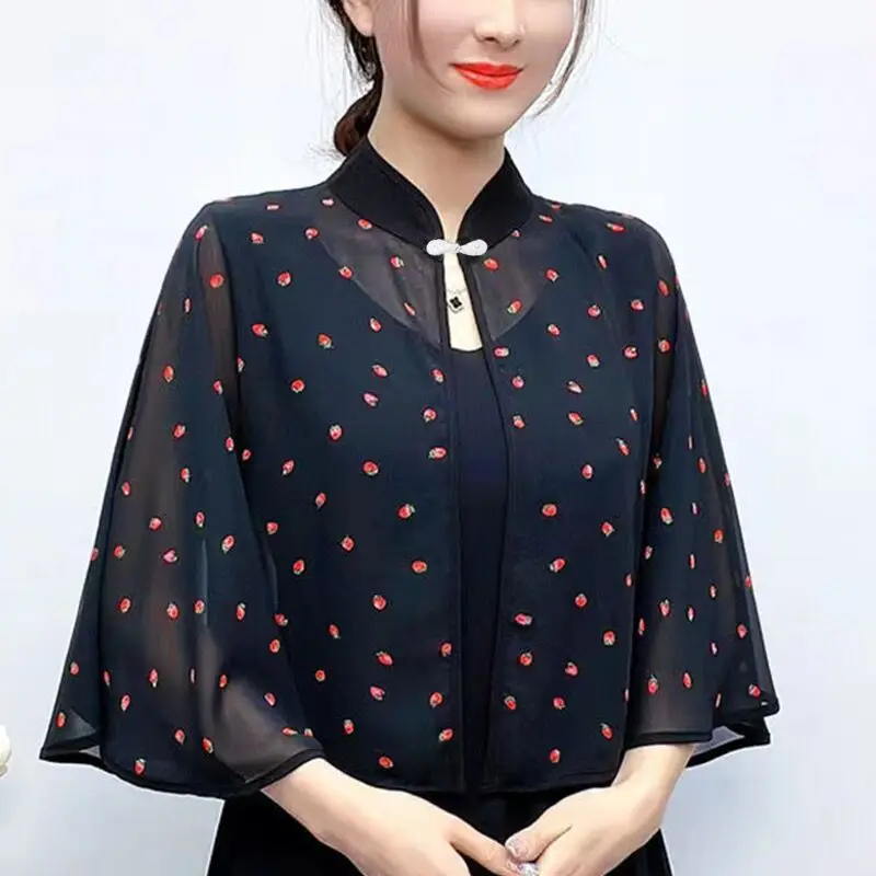 Summer Women's 2024 New Patchwork Stand Collar Button Printing Fashion Minimalist Comfortable Loose Sleeveless Capes Ponchos