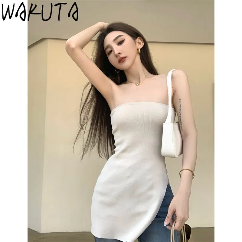 

Wakuta Korean Sexy One Line Neck Topped Irregular Top Open Back Tank Top Spicy Girl Wrapped Chest Y2k Tops