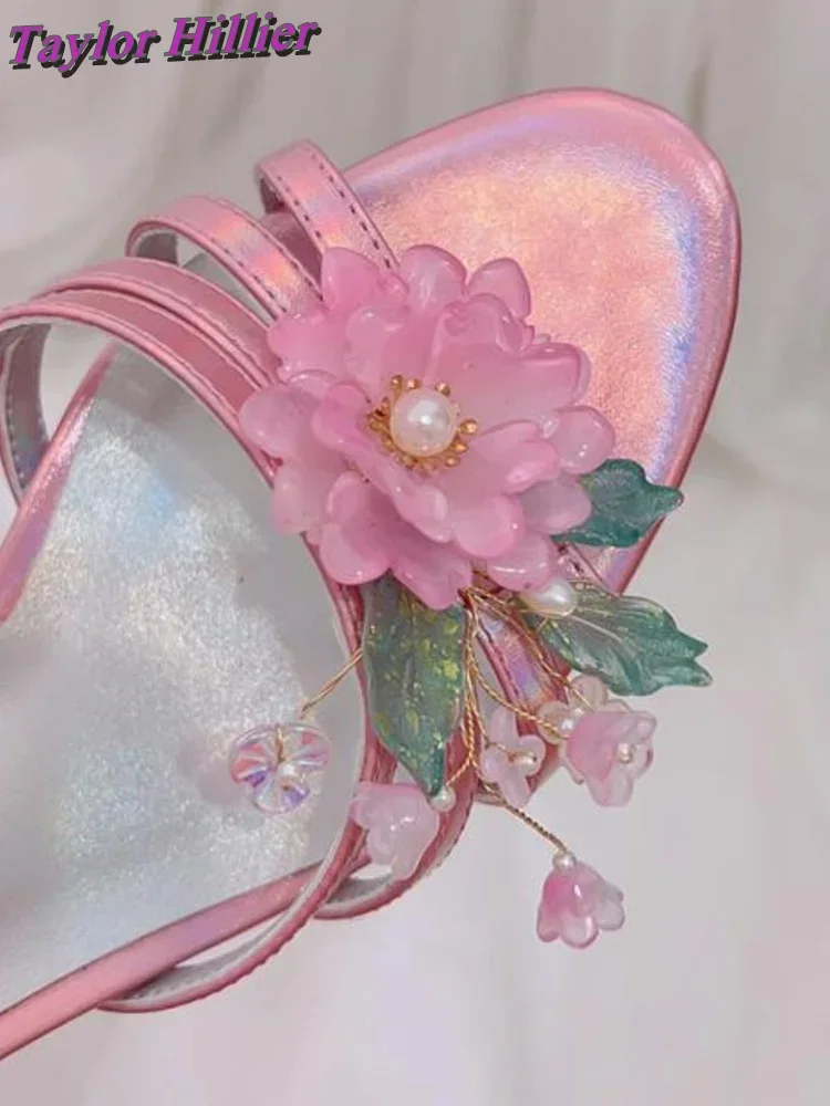 

Женские тапочки с розовым цветком Tacones, туфли без шнуровки на высоком каблуке с открытым носком, летняя модная шикарная верхняя одежда, элегантная обувь, большие размеры 2025 г.