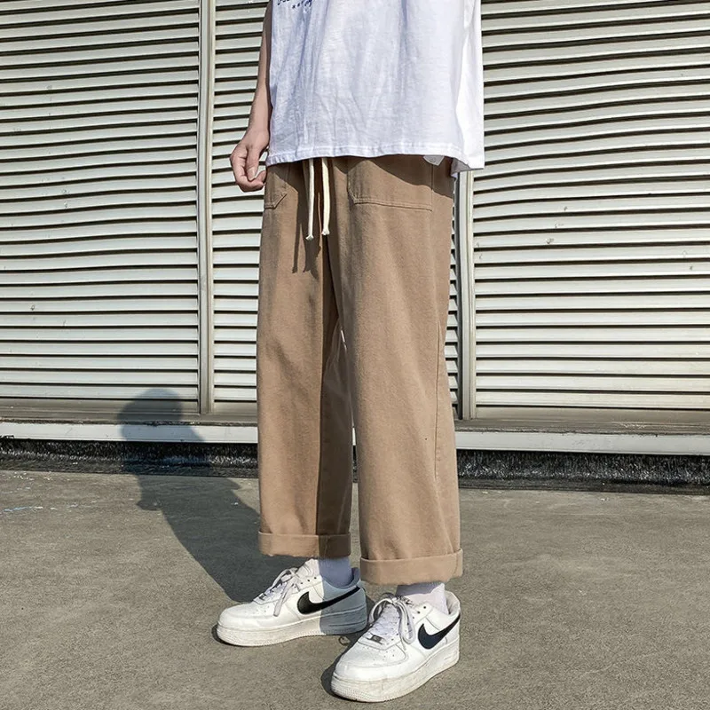 100% Cotton Pants Men Fashion Khaki Black Casual Pants Men Japanese Streetwear Loose Straight Wide Leg Pants Mens Trousers M-2XL