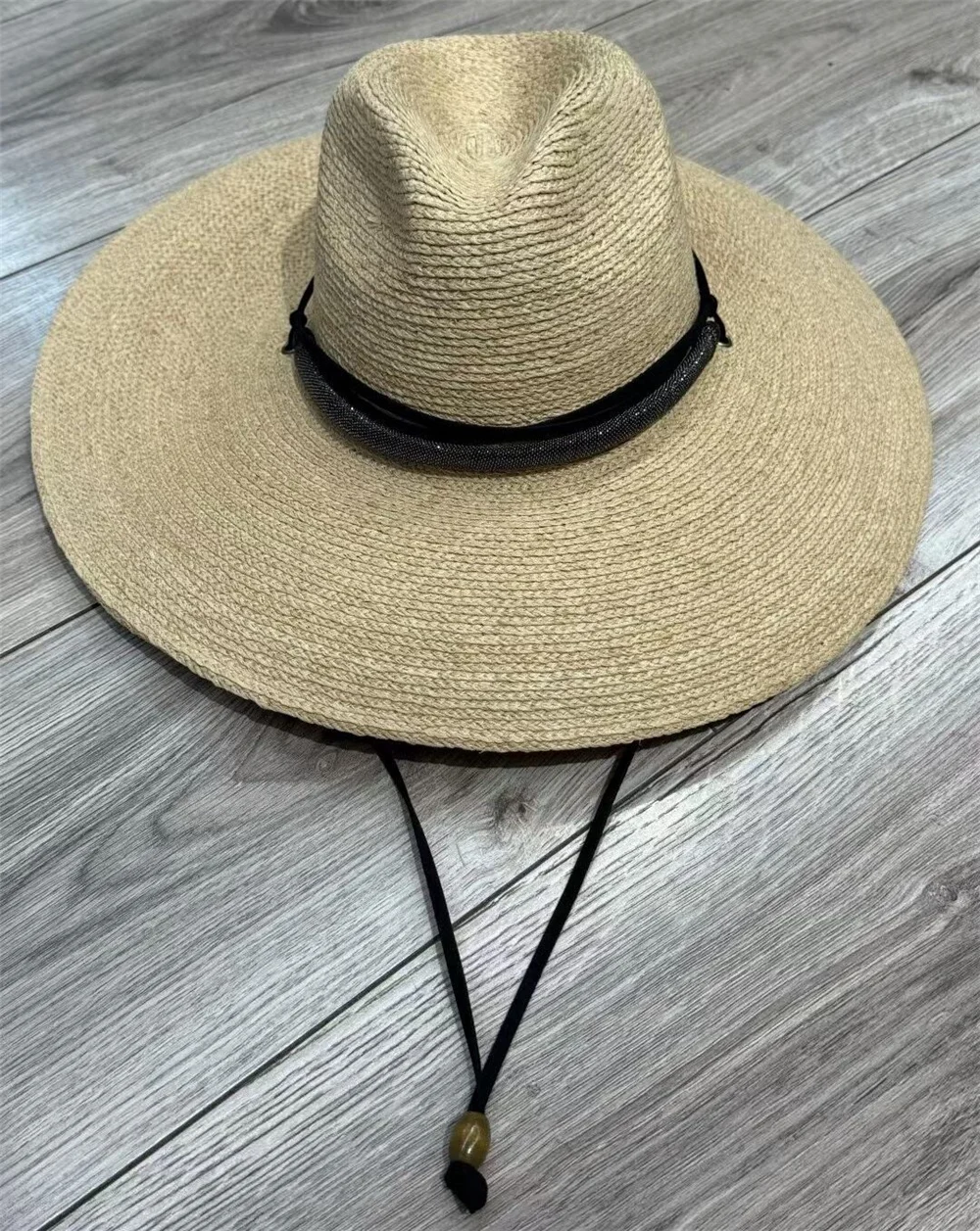 Women's Wide-Brimmed Woven Hat with Tie-Straps Outdoor Sun Protection Beach Cap