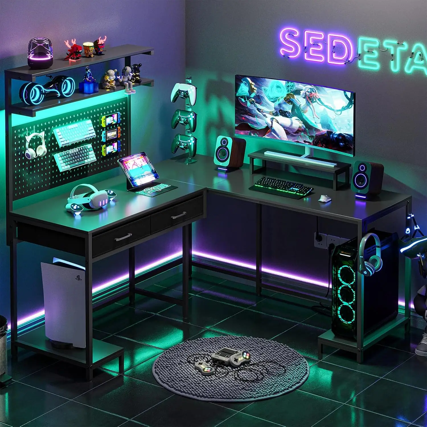 

SEDETA L Shaped Gaming Desk with LED Lights, Pegboard and Drawers, Gaming Desk with Hutch, Computer Desk with Monitor Stand, Sto