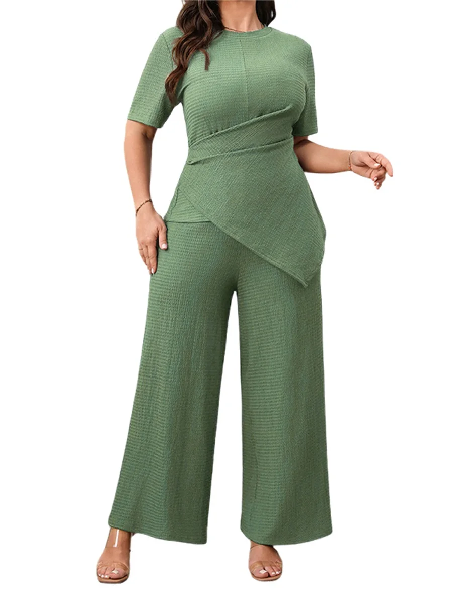 

Women Plus Size Outfits Summer 4XL Fat Girl Casual Solid Color Irregular T-Shirts and Elastic Wide Leg Pants Set Streetwear