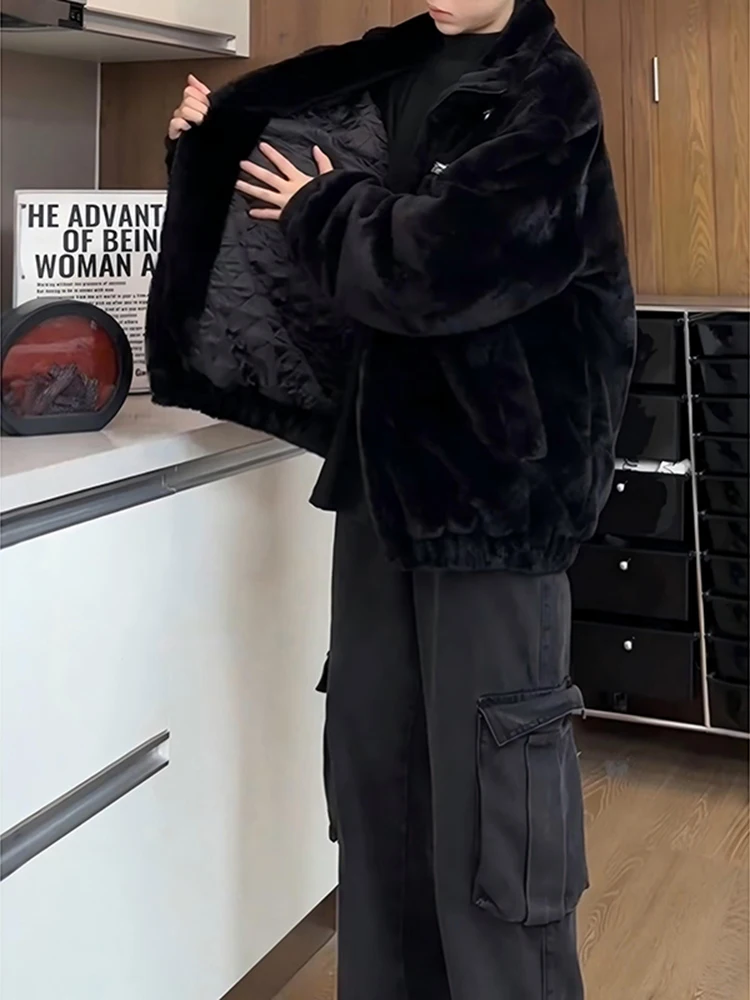 

Men's Bla Furry Lamb Fur Jaet Winter Warm Cotton ort American Sle Stand Collar Jaet Cotton Clothes for Teens